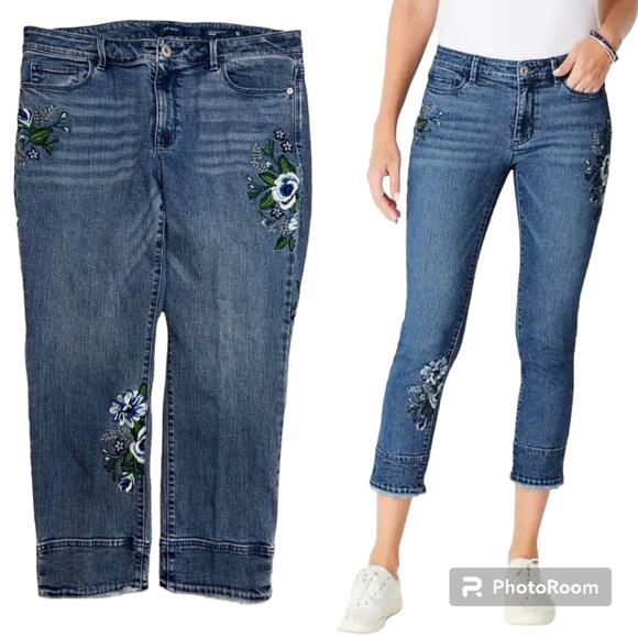 J. Jill Denim Authentic Fit Cropped Embroidered Blue Flowers Jeans Sz 14 Stretch - Picture 1 of 14